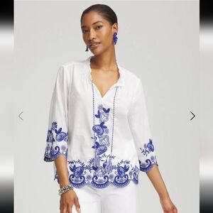 Chico's White Blouse with Blue Embroidery